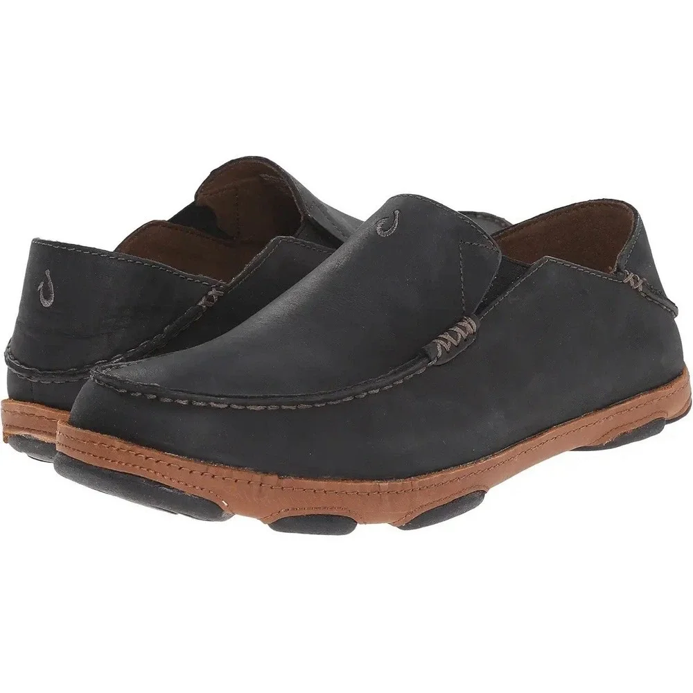 OluKai Moloa Shoes MEN US 9.5/ EU 42.5 Black Leather Slip On Loafers Comfort